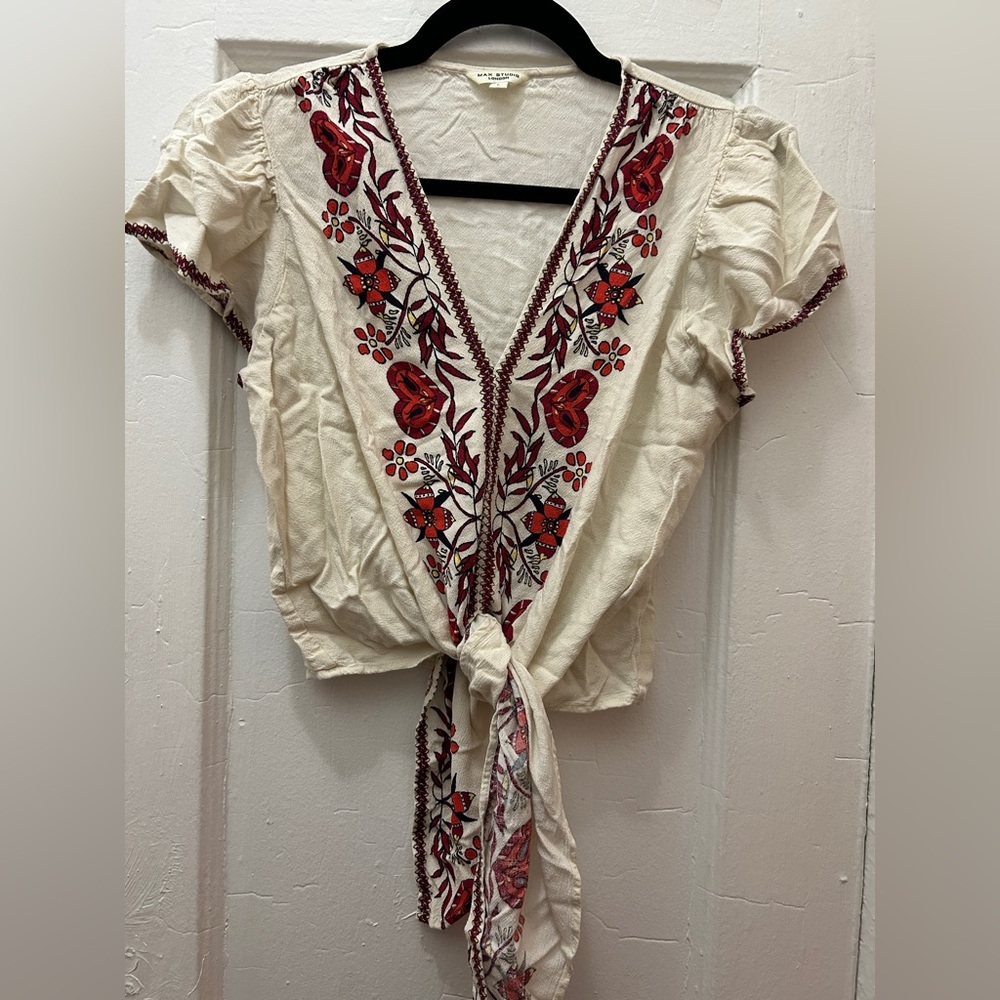 Max Studio Cream and Red Printed Design Tie-Front Blouse